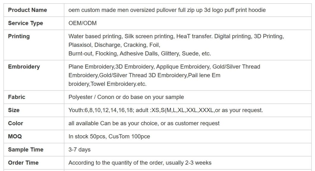 OEM Custom Made Men Oversized Pullover Full Zip up 3D Logo Puff Print Hoodie