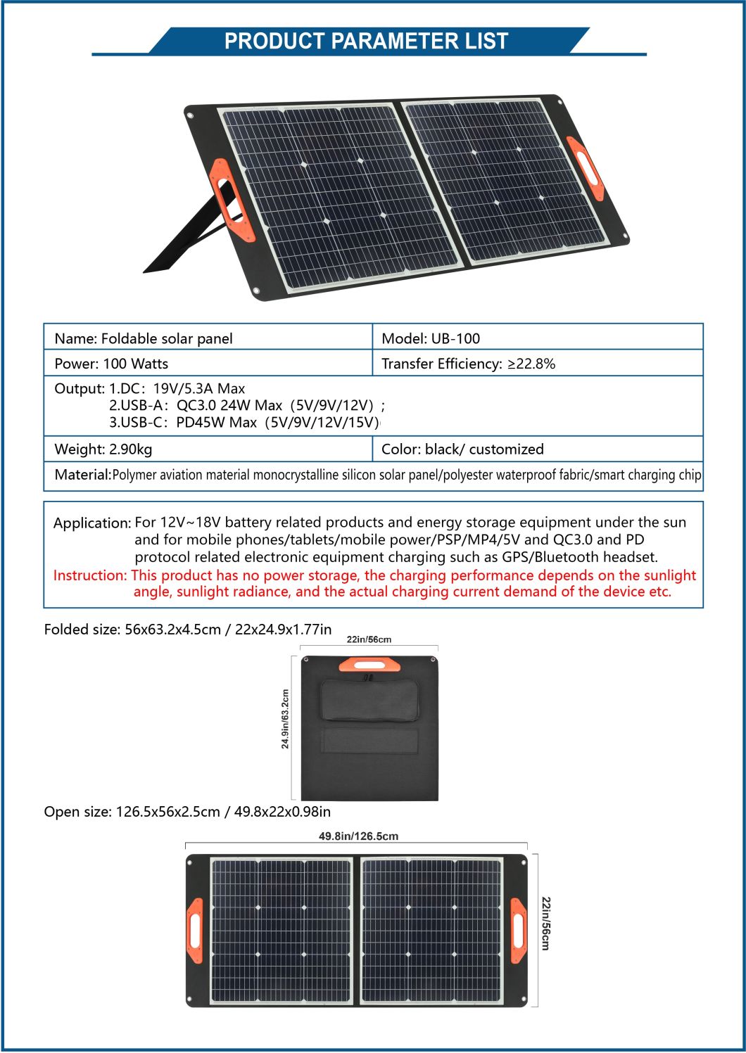 100W Portable Outdoor Foldable Solar Panel with USB and Type-C for Hiking