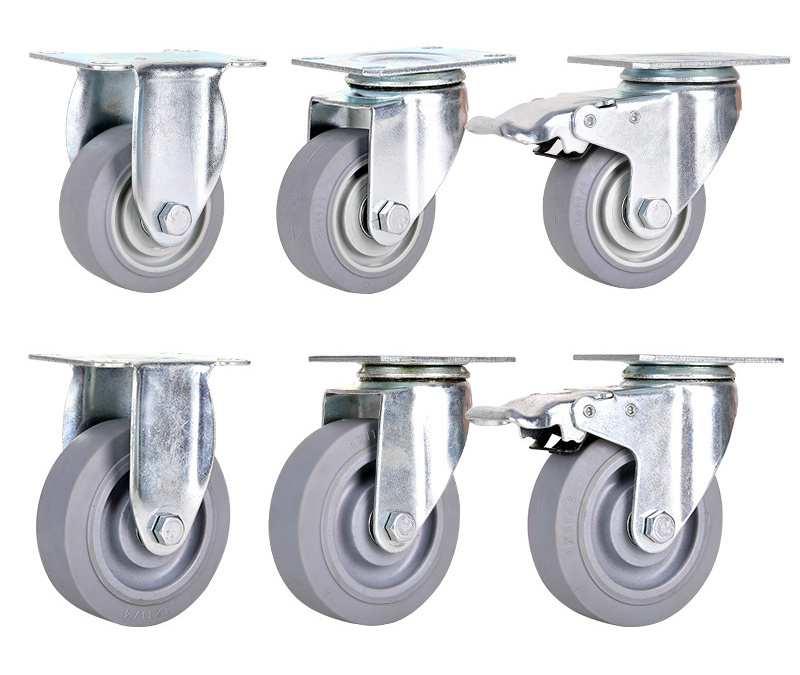 3 4 5 Inch Industry Trolley Furniture TPR Soft Grey Rubber Plate Swivel Caster Wheels
