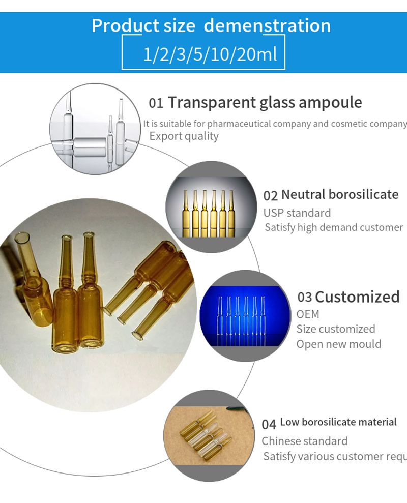 10ml Amber Moulded Glass Ampoules for Antibiotics Transparent Moulded Injection Glass Ampoule Bottles with Blue Cut Point Mark
