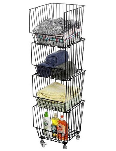 Galvanized Surface Four Stacked Baskets Vegetable Display Rack with Casters 