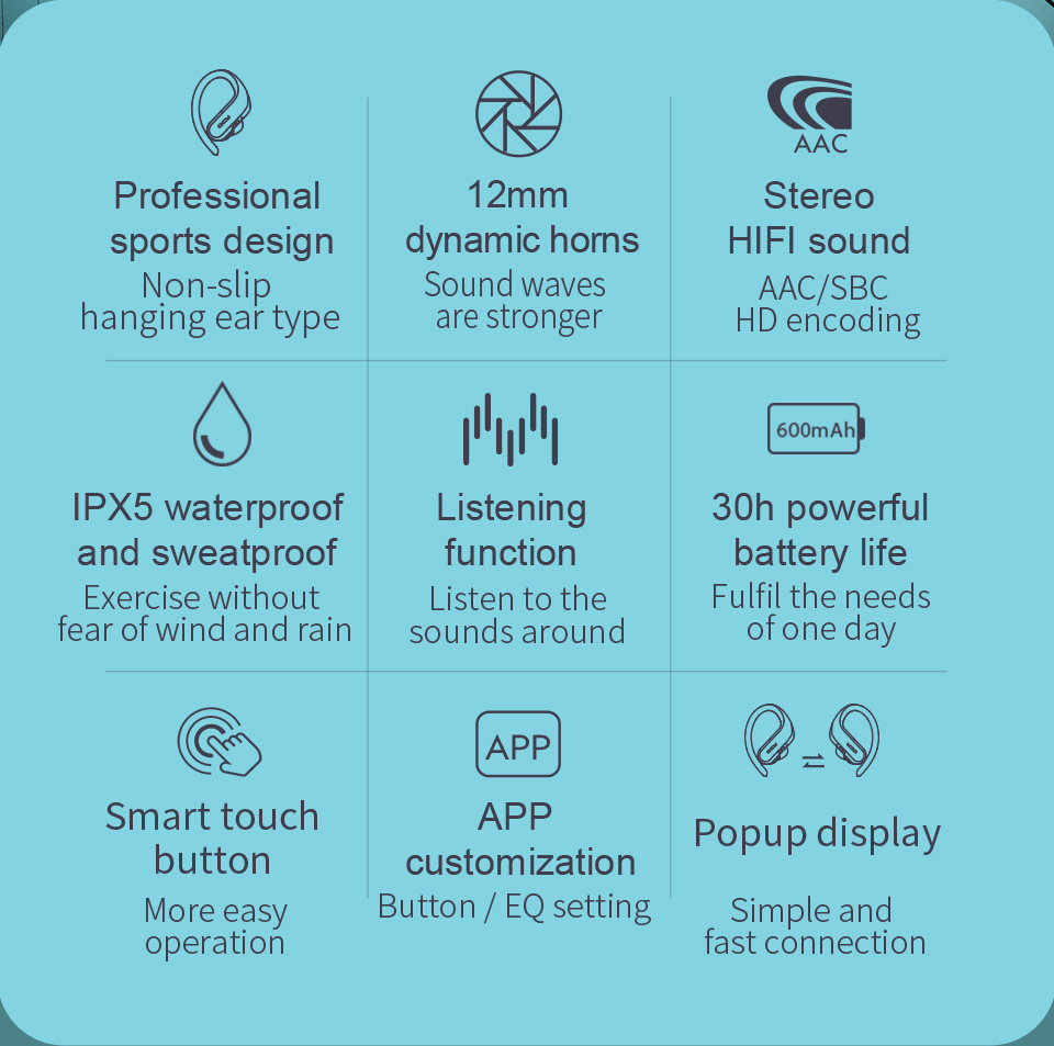 T6 wireless Sport Bluetooth 5.0 Earphones Smart Touch and APP Customization Ipx5 Waterproof Headsets