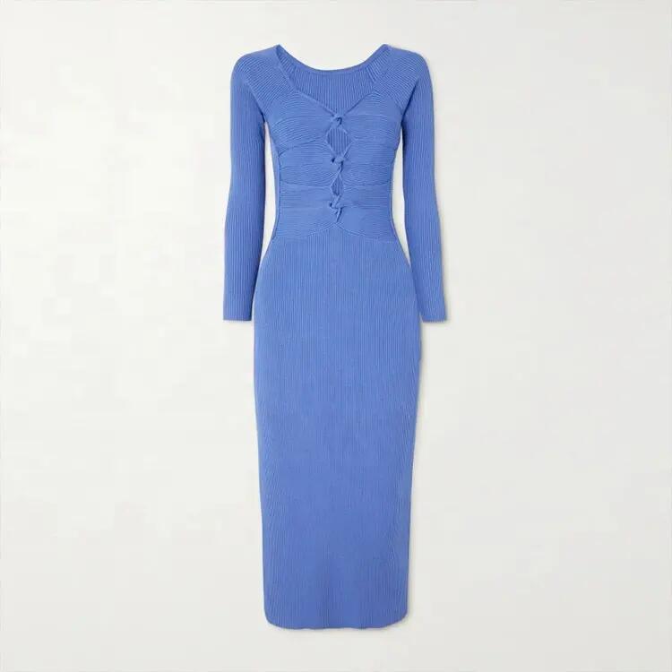 Knitwear Blue Rib Elegant Casual MIDI Plus Size Women&prime;s Dresses Sexy Sweater Knit Dress
