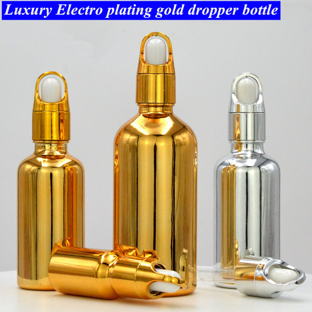 Luxury Cosmetic Package 10ml 20ml 30ml 50ml Electroplating Gold Color Essential Oils Serum Glass Dropper Bottle with Basket Cap