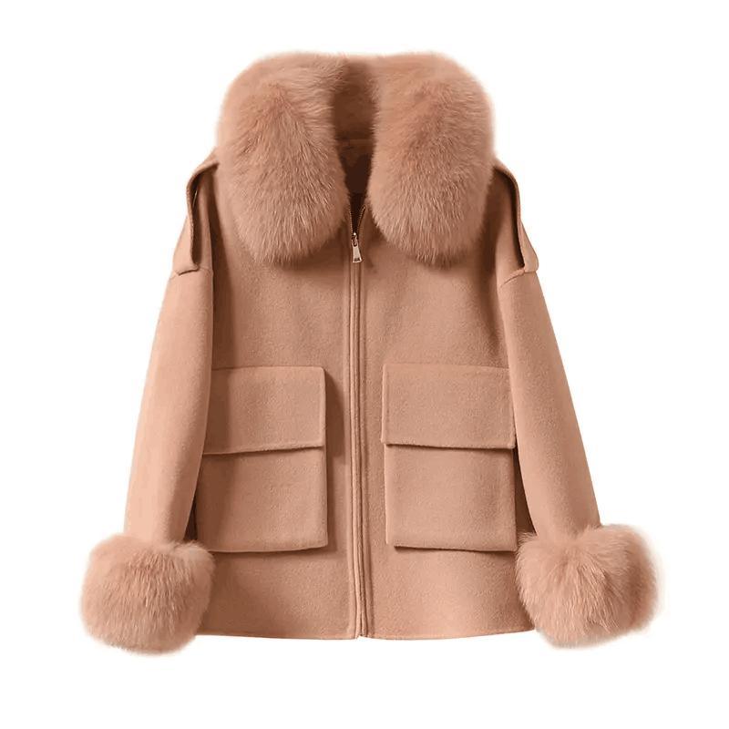 Korean Style Fall Winter Short Real Fox Fur Coat Women Genuine Wool Coat for Women with Fur Collar