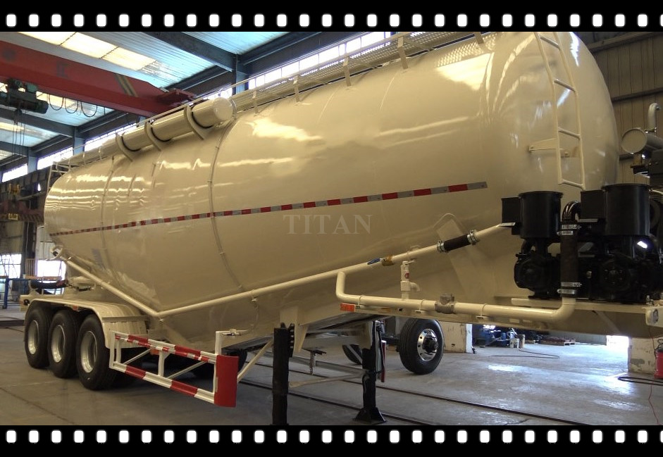A Bulk Fly Ash bulk lime powder tanker semi trailer waiting to be tested.