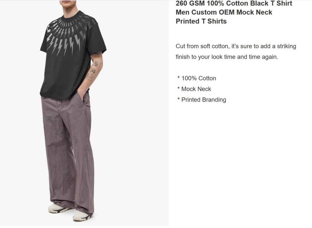 100% Cotton Black T Shirt Men Custom Casual Mock Neck Printed T Shirts