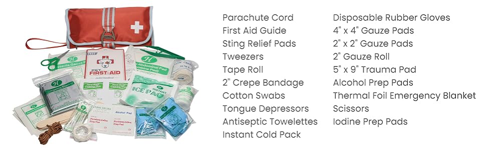 parachute cord, guide, pads, tweezers, tape, bandage, swabs, towels, gloves, scissors
