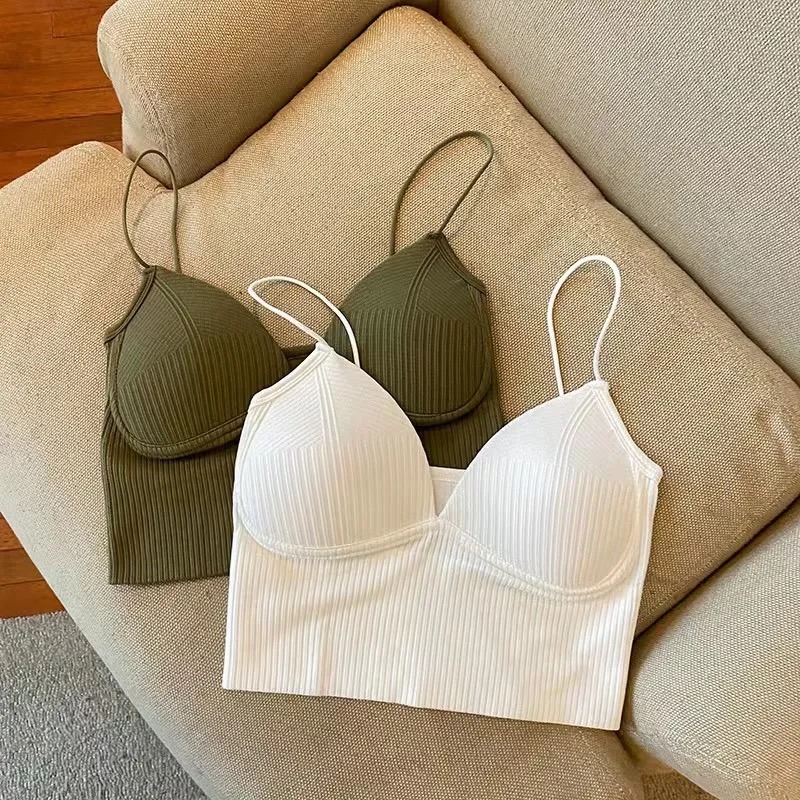 One Size Seamless Ribbed Longline Knitted Basic Tops Women Triangle Strap Wireless Bra