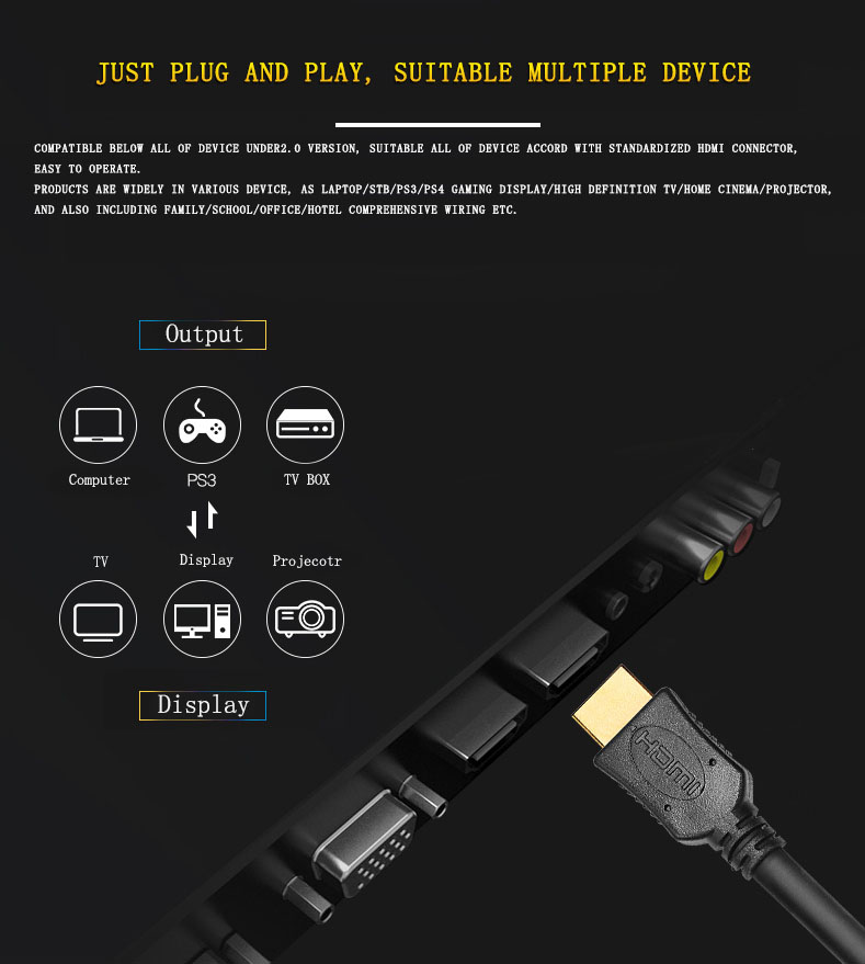 Gold Plated high speed 2m 3D 4K 1080P hdmi 4K cable
