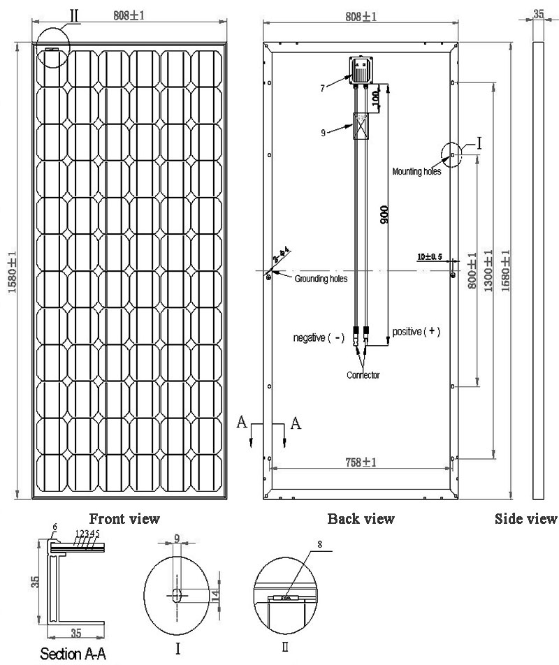 190W-195W-200W-205W-18V solar panel assembly size chart