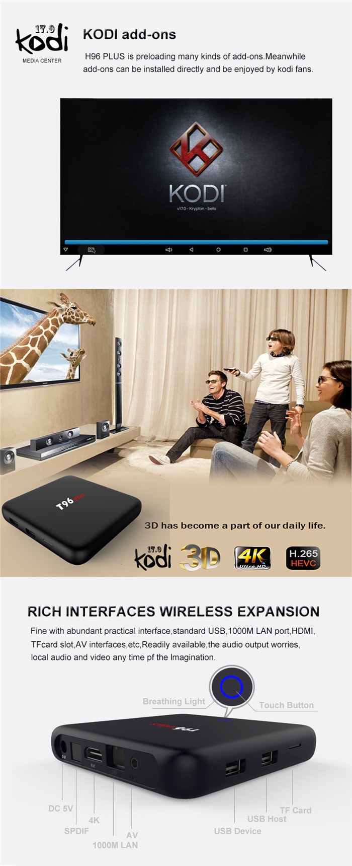T96 PLUS S912 3G+16G Android 6.0 Marshmallow with Kodi16.1 TV Box Touch Power Button with Circuit Breathing Lamp