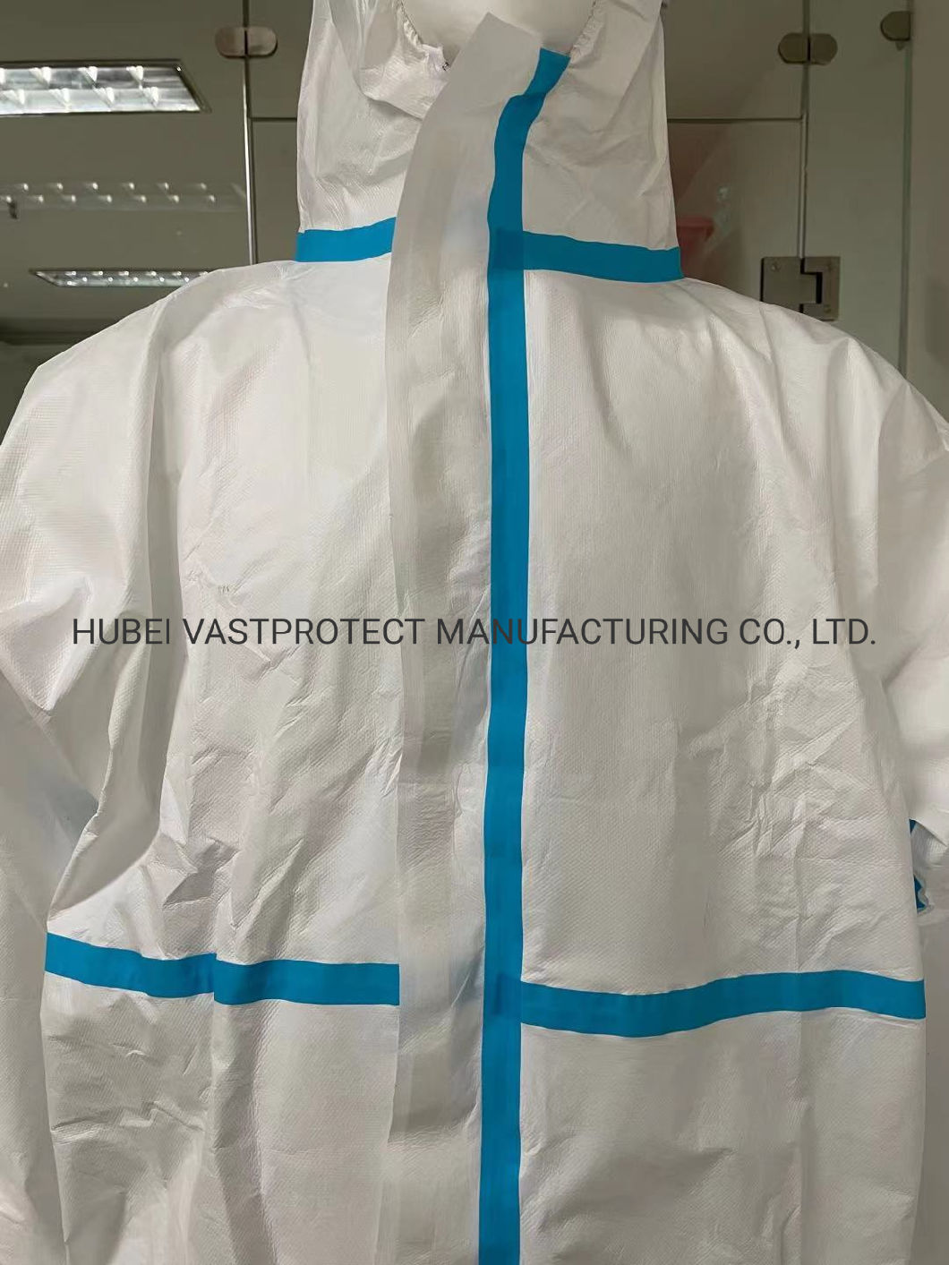 CE Approved En14126 Cat III Type 4/5/6 Blue Tape White Coverall Disposable