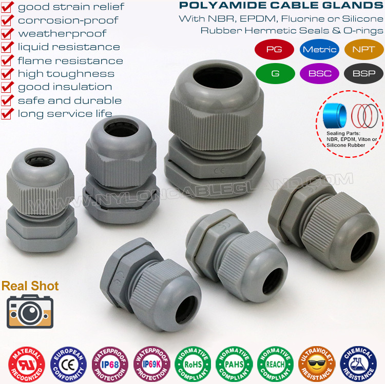 IP68 plastic Waterproof Cable Glands, IP69K Screwable Connectors, PG7~PG48, Grey RAL 7035 / RAL 7001 / RAL 7005