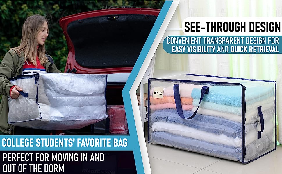 clear storage bag with towels stacked and filled inside the bag. woman putting clear bag in the car.