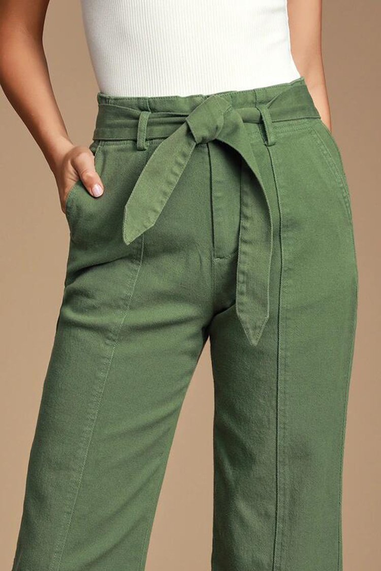 OEM Custom Fashion Green Women Tie Waist Women Cargo Pants with Utility Pockets
