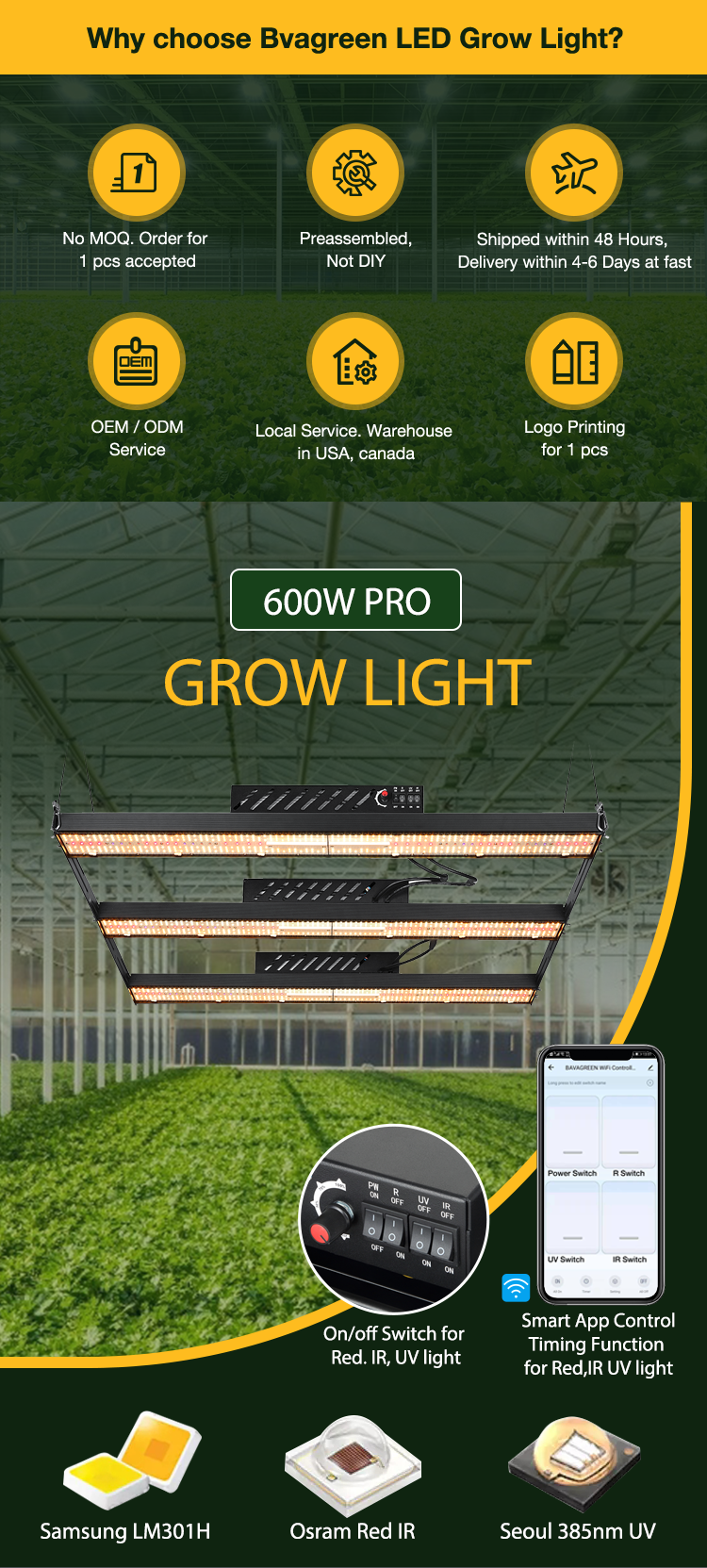 BAVAGREEN 600W full spectrum uv ir samsung lm301 waterproof LED grow light bar 0