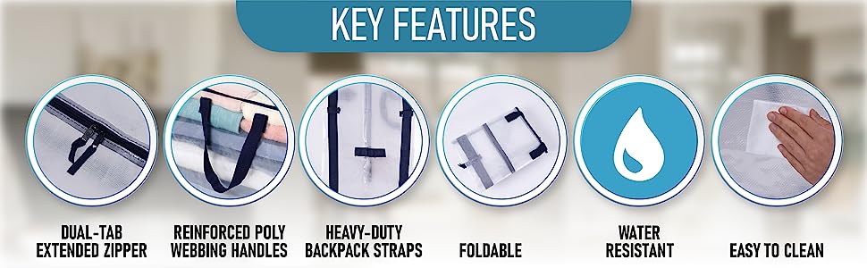 key features. reinforced poly webbing handles. foldable. easy to clean. dual-tab extended zipper. 