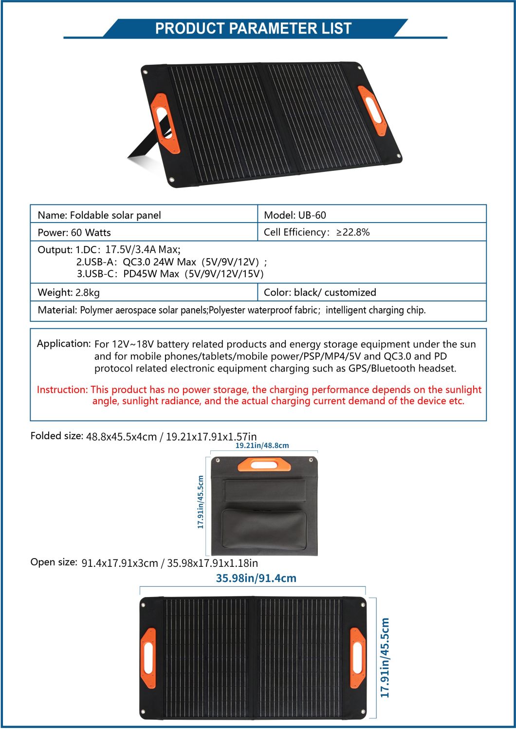 60W Lightweight Foldable Solar Panel Portable Battery Panel Power Supply