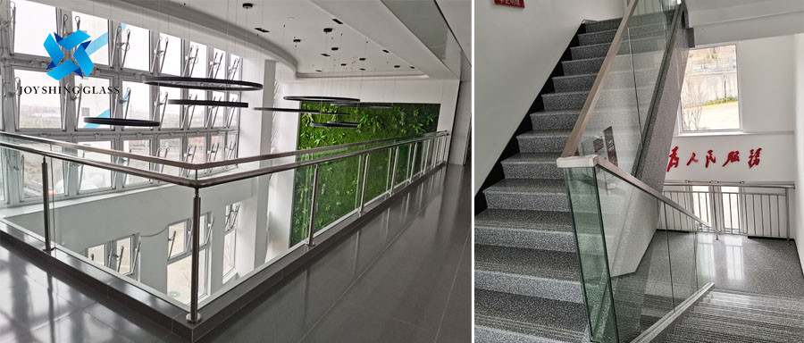 Glass railing guardrail for indoor walkways