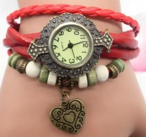 China Leather Wrap Double Heart Pendant Bracelet Watch for Ladies Watch on sale 