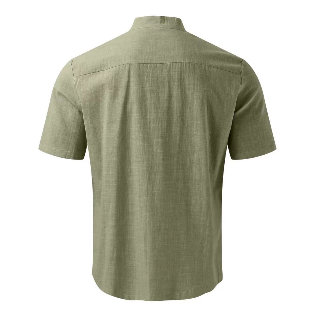2023 Men&prime;s Short-Sleeved Cotton Linen Shirt Standing Collar Slim-Fit Men&prime;s Shirt