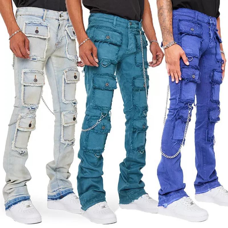 Hot Selling Pants Flared Cotton Men Streetwear Fashion Hip-Hop Loose Straight Cargo Jeans