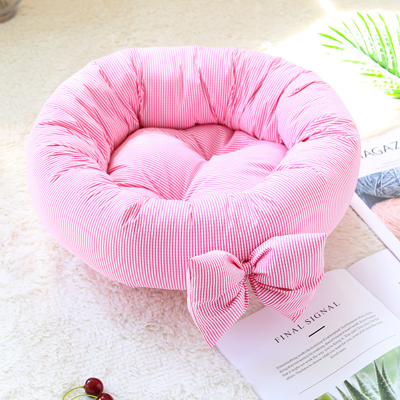 Cute Bows Stripes Dog Beds Cotton Flocked Round Pet Cushion
