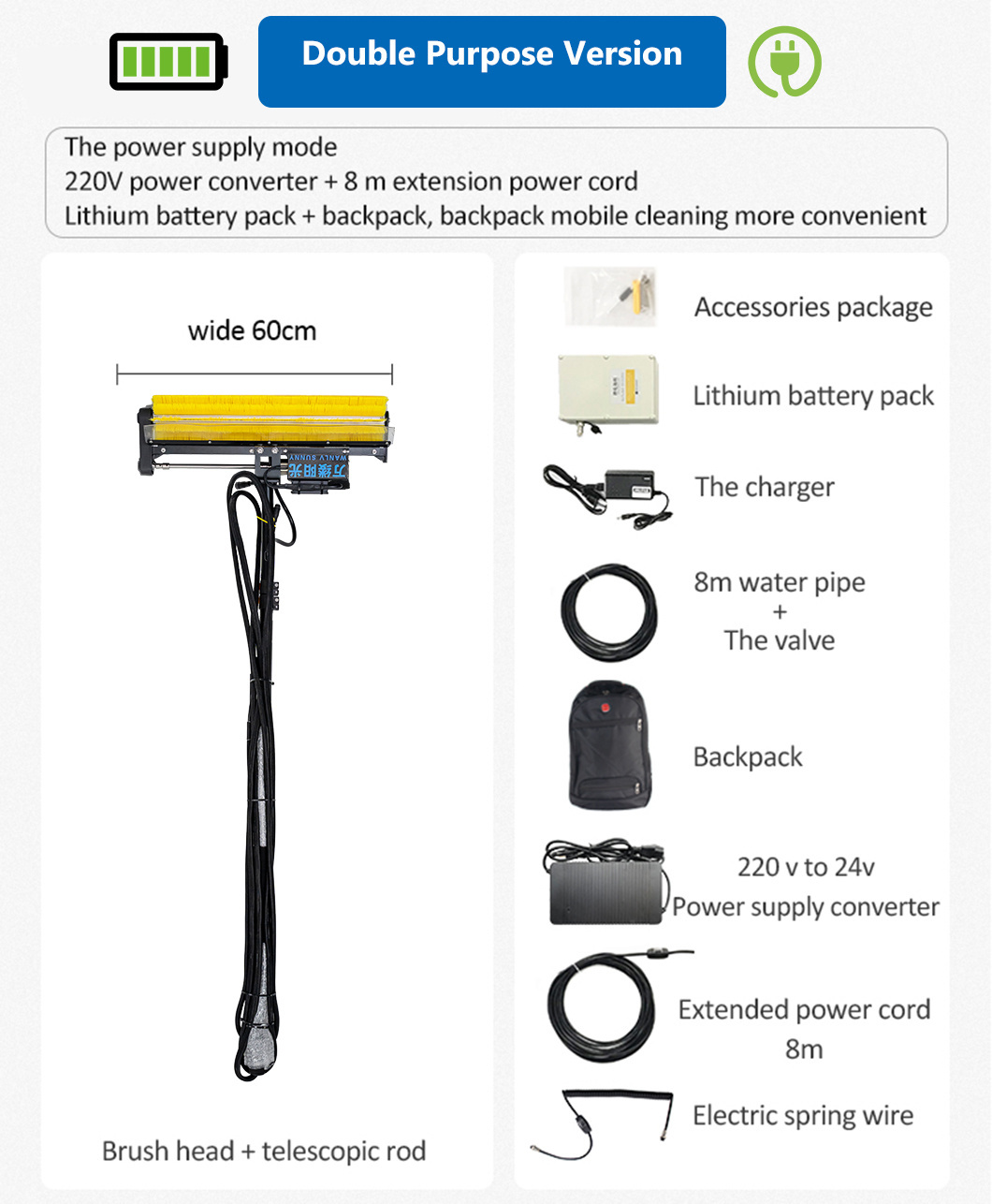 3.5 Meters Water Powered Solar Panel Cleaning System with Rolling Brush and Backpack Lithium Battery Powered