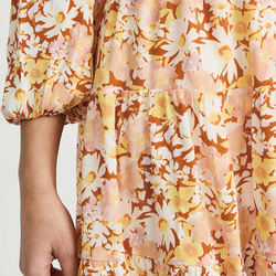 Ladies Viscose Floral Print Ruffle Hem Scoop Neck Smocked Waist Crepe Dress for Women