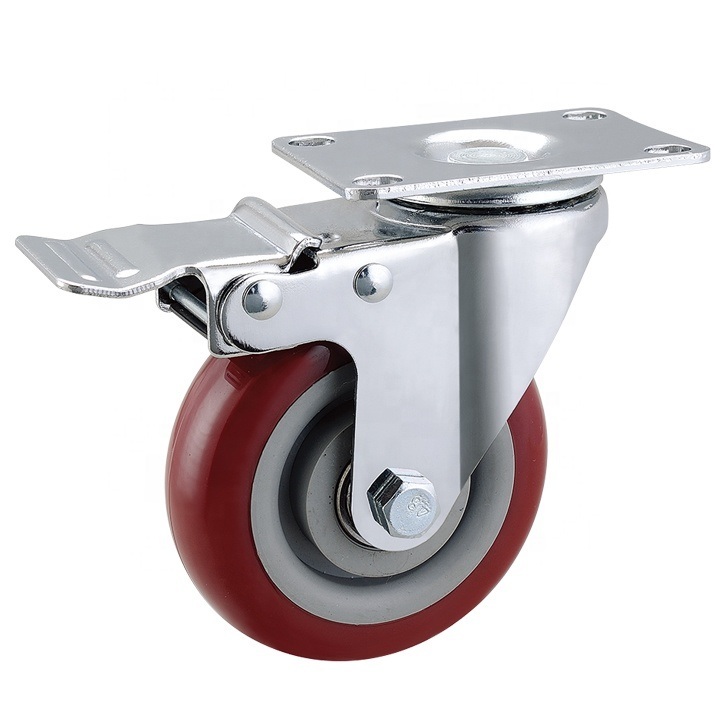 with Cover 3&quot; 4&quot; 5&quot; PVC/PU Red 3 Inches PVC/PU Wheel Casters Swivel Top Plate Threaded Stem Castor Trolley Wheels with Brake