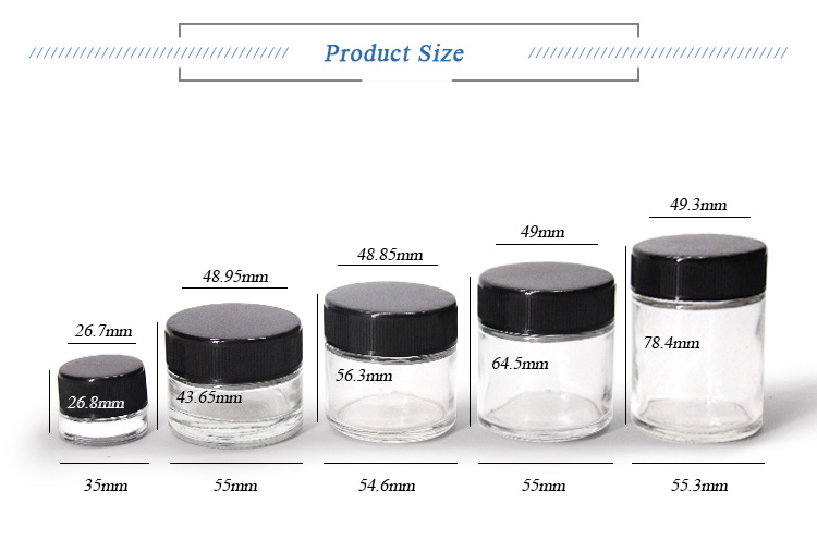 5g 40g 80g 110g Straight Sided Child Proof Glass Jar Special Food Storage Jar with Black Plastic Children Resistant Lid