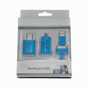 China Three-in-one USB Car Charger + AC Charger + Cable for iPhone 4S/4G/3G/3GS on sale 