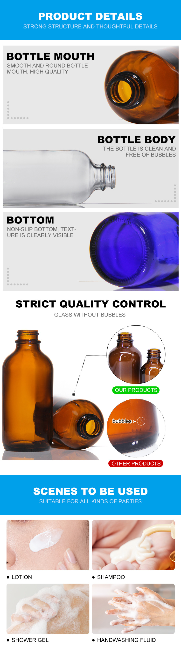15ml 30ml 60ml 120ml 250ml 500ml 1000ml Glass Diffuser Essential Oil Boston Round Bottle with Black Polycone Cap