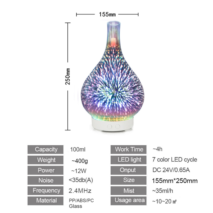 3D Fireworks Glass Home Aroma Diffuser Humidifier Machine With Colorful Light 0