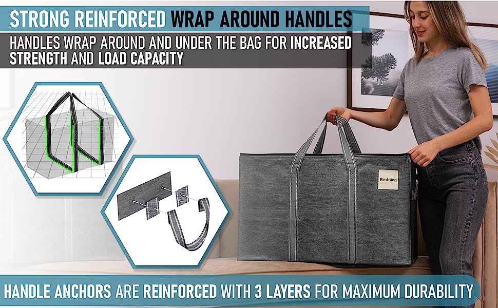 woman grabbing a gray extra-large moving and storage bag by its strong reinforced wrap around handle