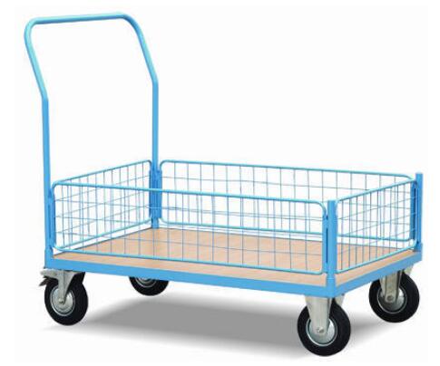 Two Handles Light Blue Wire Mesh Cart with Swivel Castors for Factory