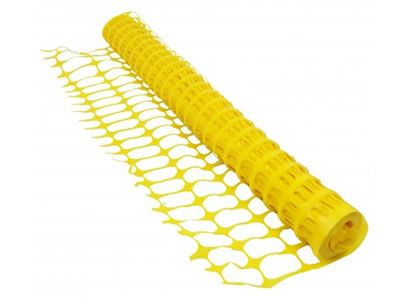 A roll of yellow safety fence with oval mesh opening.