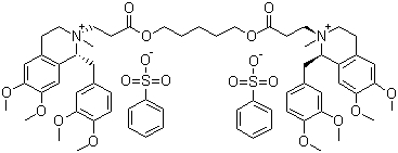 CAS # 96946-42-8, Cisatracurium besylate, (1R,1'R,2R,2'R)-2,2'-[1,5-Pentanediylbis[oxy(3-oxo-3,1-propanediyl)]]bis[1-[(3,4-dimethoxyphenyl)methyl]-1,2,3,4-tetrahydro-6,7-dimethoxy-2-methyl-isoquinolinium dibenzenesulfonate, Cisatracurium besilate