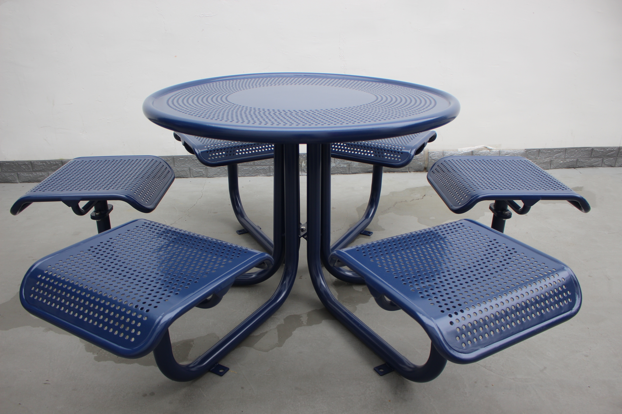Perforated metal urban street steel round table with six chairs commercial outdoor picnic tables outside furniture China