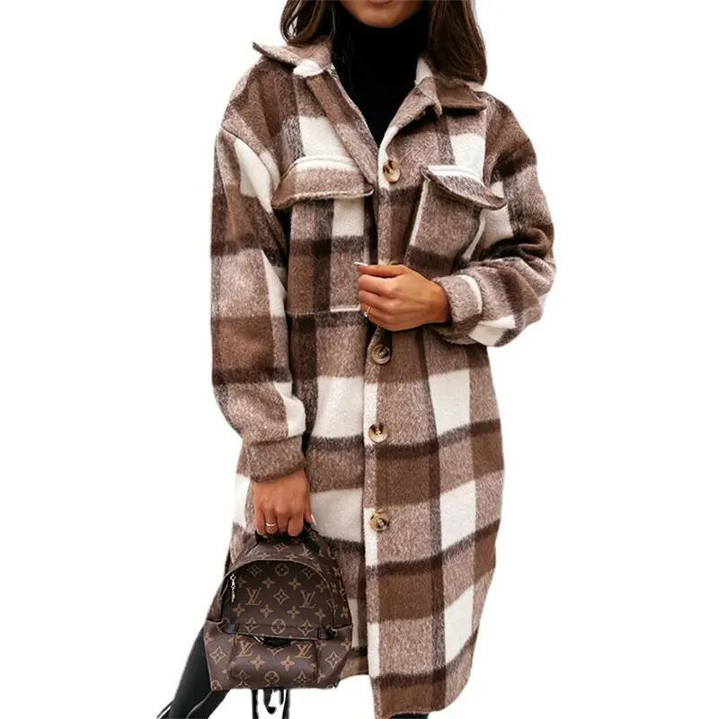 Autumn Winter Coats for Women 2023 Lapel Pocket Long Plaid Shirt Jacket Coat Woolen Fleece Plaid Long Coats for Women
