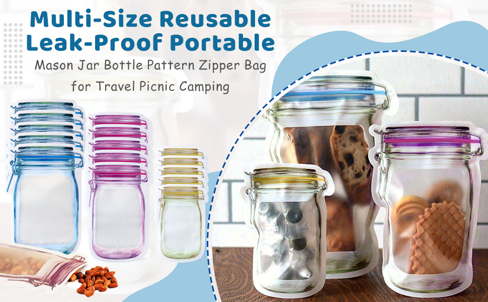 Multi-Size Reusable Leak-Proof Portable Mason Jar Bottle Pattern Zipper Bag for Travel Picnic 
