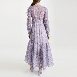 Ladies V Neck Floral Dress for Women Print Clothing Manufacturers Elegant Long Custom Logo Puff Sleeve Viscose Gown
