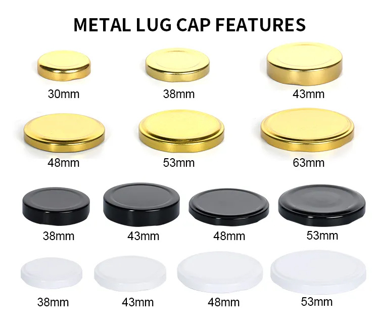 Custom Logo 38mm 43mm 48mm 53mm 58mm 63mm 70mm 82mm Golden Screw Caps Metal Lug Cap for Glass Jar