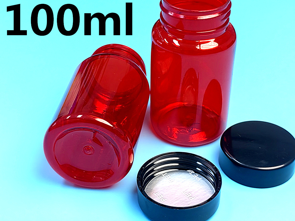 Pet 100cc Red Plastic Pill Bottle Tablet Protein Medicine Bottle Pill Capsule Container with Pressure Sensitive Liner