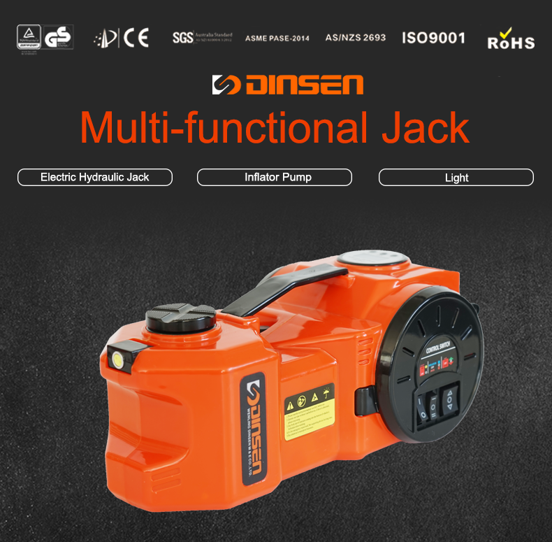 China factory direct sale 3 in 1 multifunctional 12v electric car jack 5ton ,inflator pump and light.