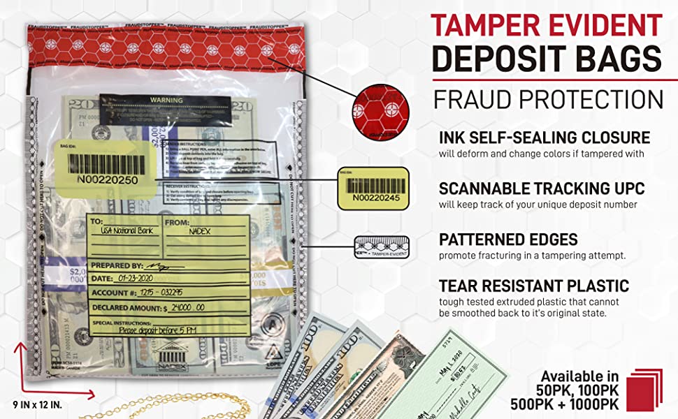 Nadex Tamper Evident Cash and Coin Bank Deposit Bags for Fraud Prevention, 9 x 12, CLEAR
