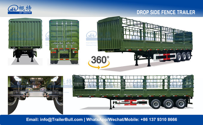 30ft Roof Opened Drop Side Trailer , Drawbar Steel Box Full Trailer With 3 Axles 1