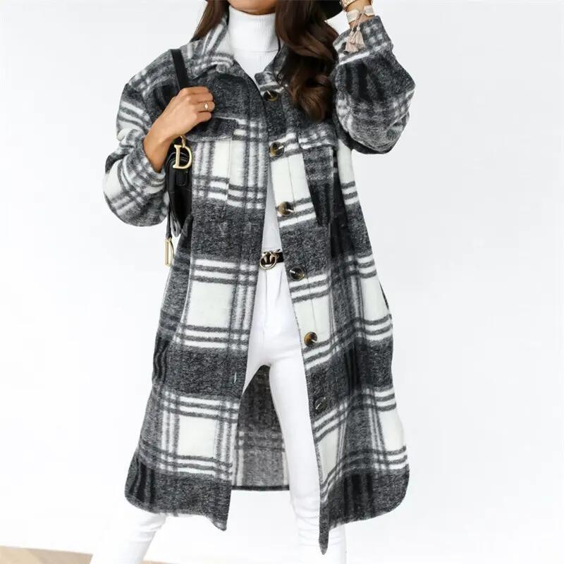 Autumn Winter Coats for Women 2023 Lapel Pocket Long Plaid Shirt Jacket Coat Woolen Fleece Plaid Long Coats for Women