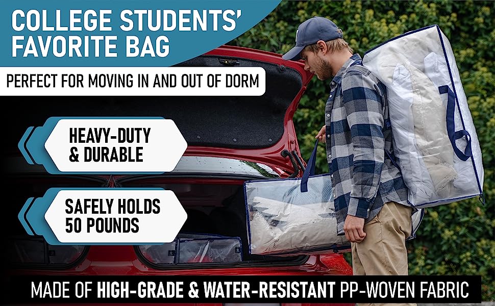 man putting bags in car trunk. college students' favorite bag. heavy-duty. durable. water-resistant